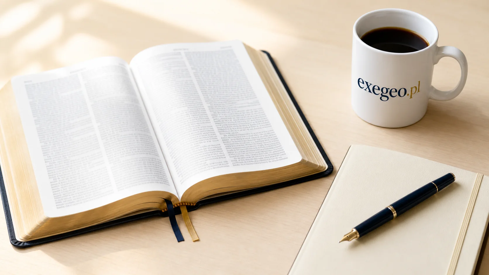 Otwarta Biblia, notatnik, pióro i kubek exegeo.pl na biurku