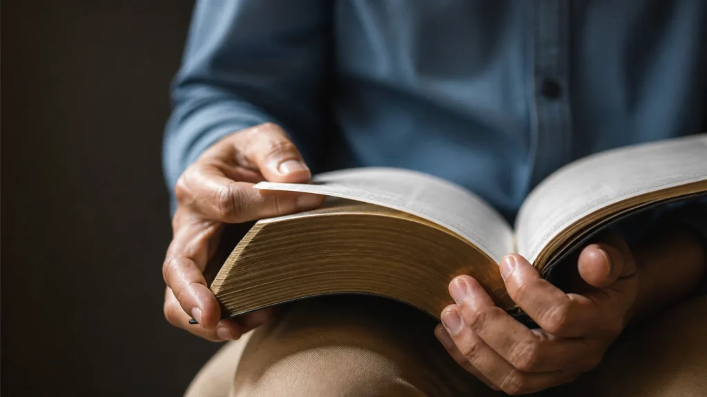 Osoba uważnie czytająca otwartą Biblię